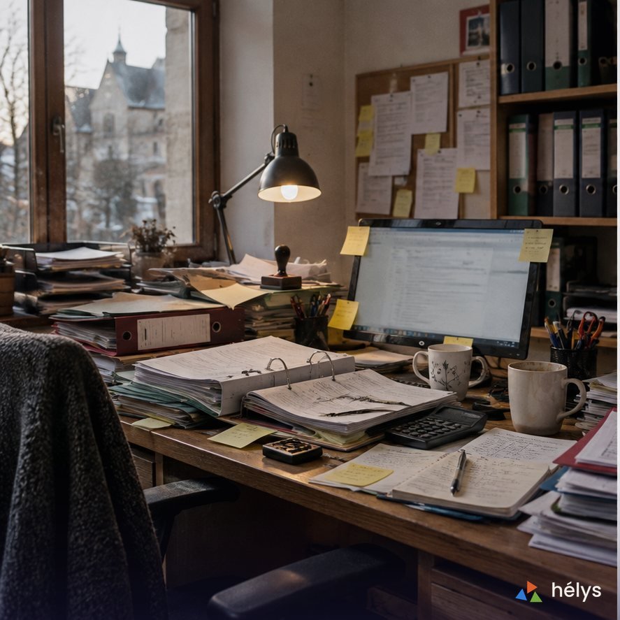 Le bureau d'un secrétariat de mairie couvert de piles de dossiers, de classeurs, de parapheurs et de pense-bêtes collés à l'écran.